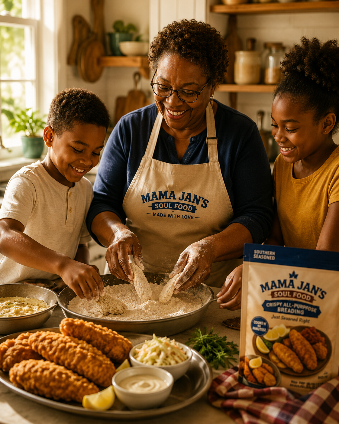 Family hands preparing fried fish in a Southern kitchen
