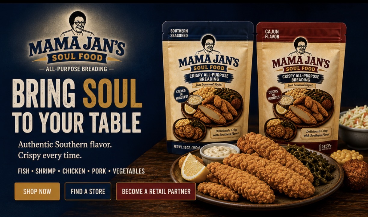 Mama Jan's Soul Food in-store retail display featuring crispy all-purpose breading