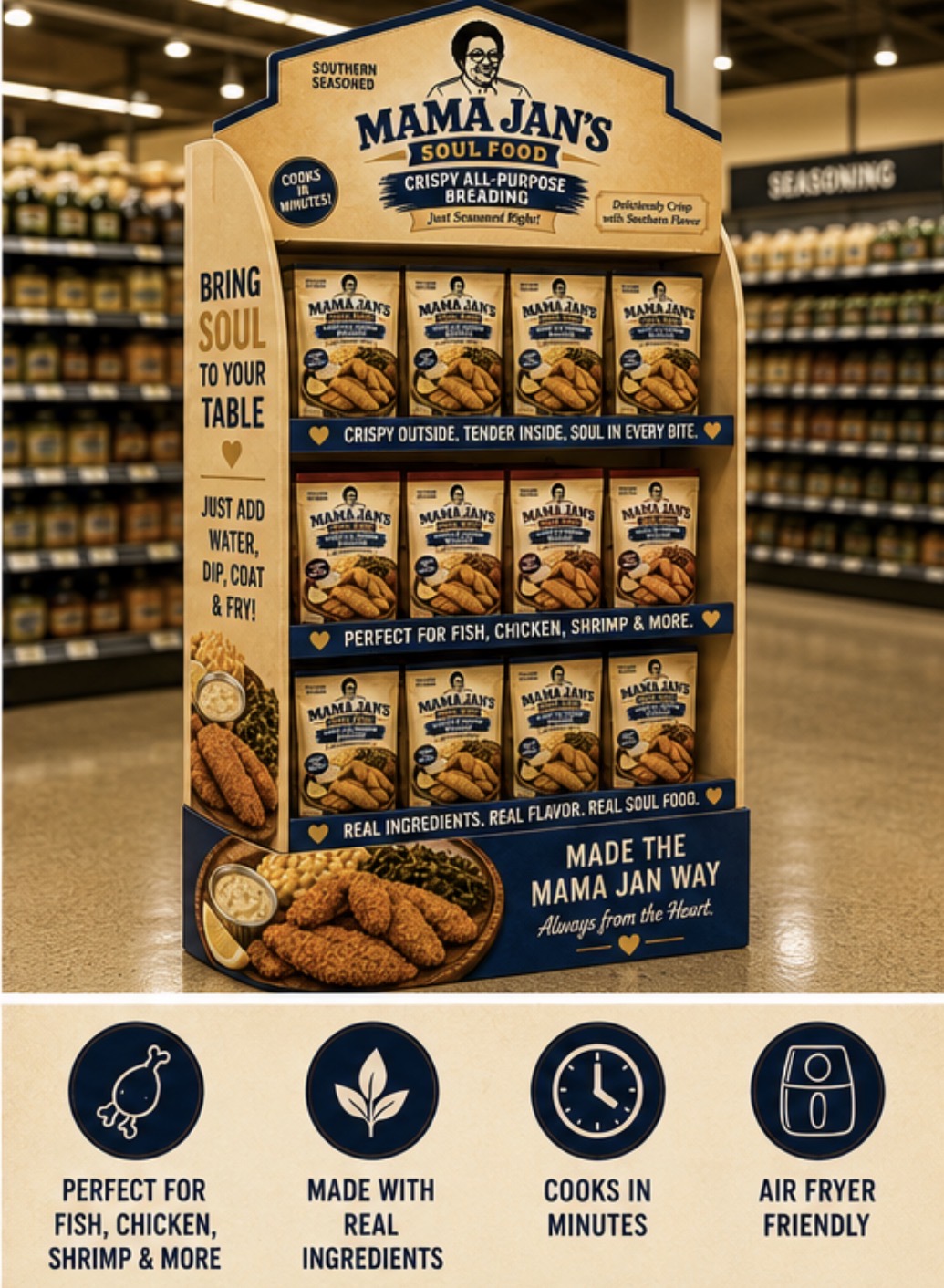 Mama Jan's Soul Food in-store retail display with product features: perfect for fish, chicken, shrimp; made with real ingredients; cooks in minutes; air fryer friendly